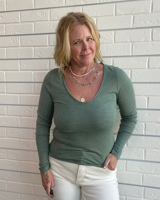 A woman with blonde hair stands against a white brick wall wearing a sage green long-sleeve scoop neck top and white pants.