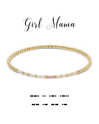 Gold beaded bracelet on a white background with 'Girl Mama' text above.