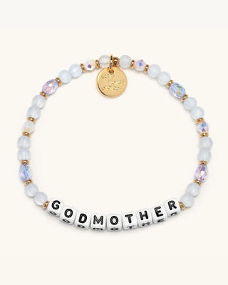 Bracelet with 'GODMOTHER' beads on a white background