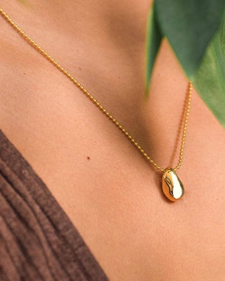 A gold chain necklace with a small, polished gold pendant resting on a person's chest, with a brown ribbed top and green leaves in the background.