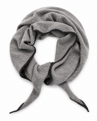 A light gray knit scarf with black trim along the edges, styled in a loose loop on a plain white background.