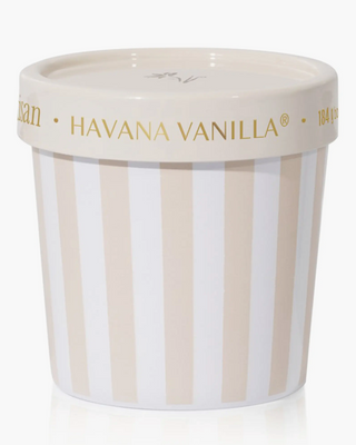 Ice cream container candle with 'Havana Vanilla' branding on a white background