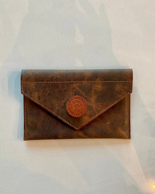 Brown leather wallet with a brand logo on a light gray background
