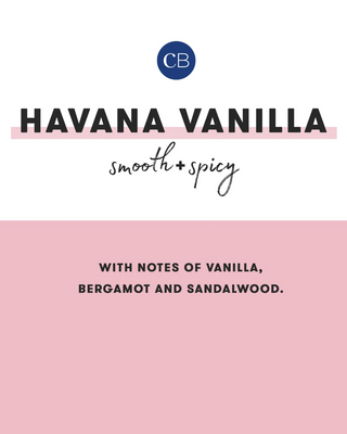 A digital graphic card for a coffee blend named 'Havana Vanilla' with a dark blue circular 'CB' logo at the top. The upper half is white with black text reading 'HAVANA VANILLA' and 'smooth + spicy' in script.