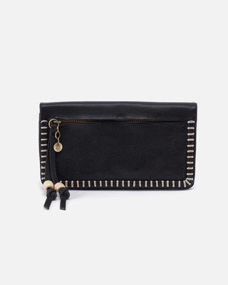 Black leather wallet with decorative elements on a white background
