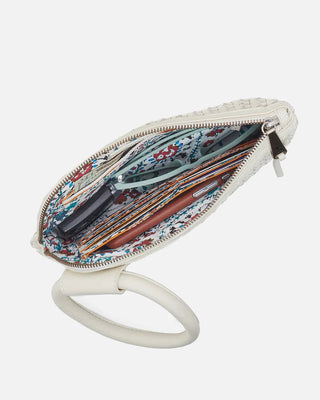 White wristlet with floral interior on a white background