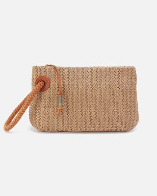 Brown woven clutch bag with a strap on a white background
