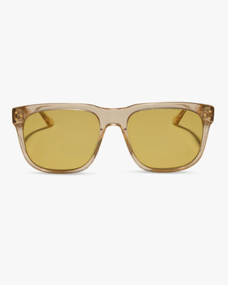 Sunglasses with yellow lenses and a brown frame on a white background