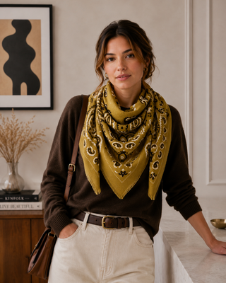 A woman wearing a mustard yellow and black paisley bandana scarf, styled with a brown sweater, cream pants, and a brown shoulder bag in a warm, modern interior setting.