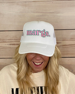 White Margs Pink & Teal Embroidered Trucker Hat