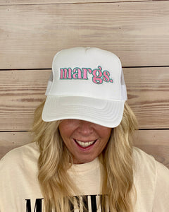 White Margs Pink & Teal Embroidered Trucker Hat
