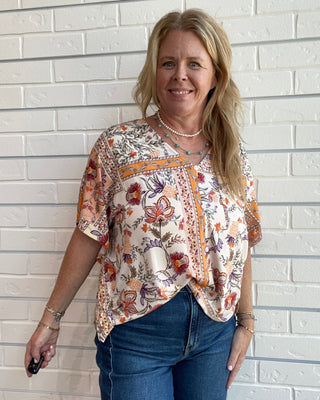 Mixed Floral Border Print Boho Blouse
