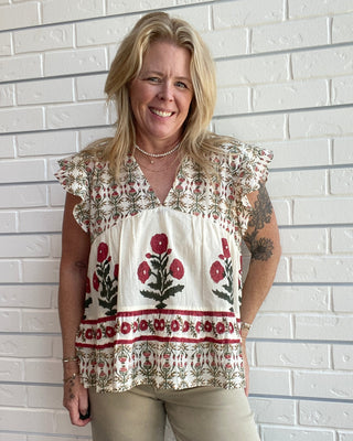 floral vneck flutter sleeve top