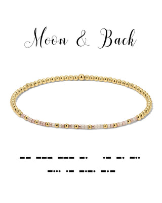 Gold beaded bracelet on a white background with 'Moon & Back' branding.