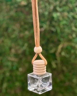 Clear glass diffuser with wooden elements hanging against a blurred green background