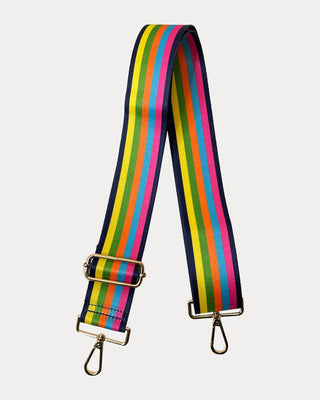 Multicolored striped bag strap with gold hardware on a light gray background