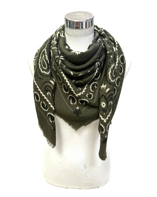 An olive green bandana scarf with a white paisley pattern, draped on a white mannequin torso against a white background.