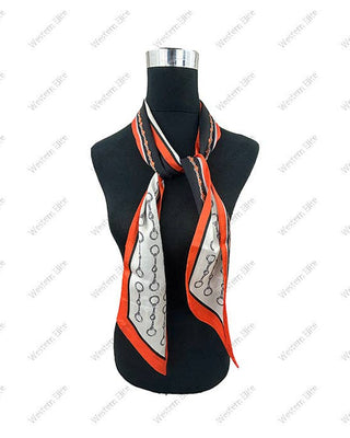 A Western Blue brand scarf with a white base, orange border, and black horse-bit pattern, displayed on a black mannequin torso against a white background with a faint watermark pattern.