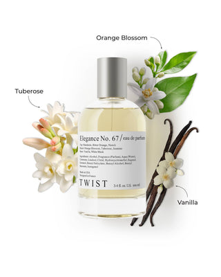 Perfume bottle labeled 'Elegance No. 67' with floral elements and labels for Orange Blossom, Tuberose, and Vanilla on a white background.