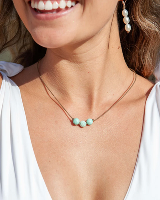 A person wearing a white top and showcasing a Peruvian turquoise triple knotted necklace with a matching pair of earrings.