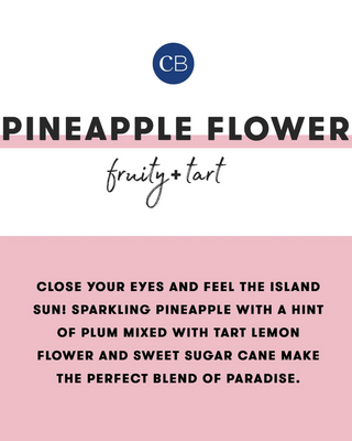 A digital graphic card for a CB brand 'Pineapple Flower' tart, featuring a white top half with a navy blue 'CB' logo and black text, and a pink bottom half with descriptive flavor copy.