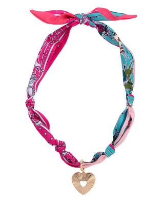 Colorful scarf necklace with a heart-shaped pendant on a white background