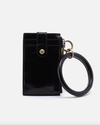 Black leather wallet with keychain on a white background