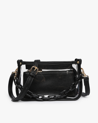 Black handbag with chain detail on a white background