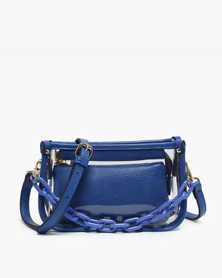 Blue handbag with chain detail on a white background