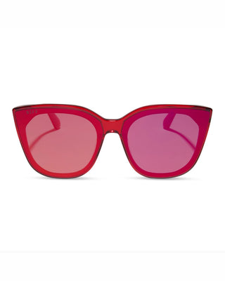 Red sunglasses with pink lenses on a white background