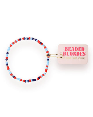 Beaded bracelet with 'Beaded Blondes' packaging on a white background
