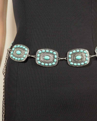 Western Turquoise Round Studded Rectangle Concho Chain Belt
