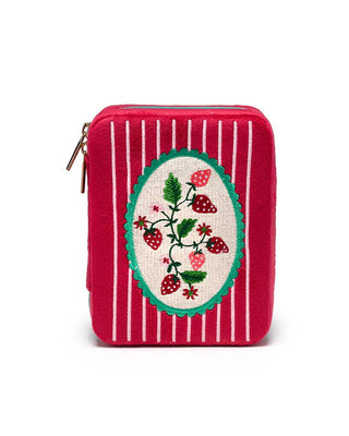 Small rectangular pouch with red and white striped pattern and embroidered strawberry design on a white background