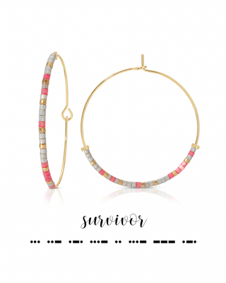 Hoop earrings with colorful beads on a white background, featuring the word 'survivor' in morse code.