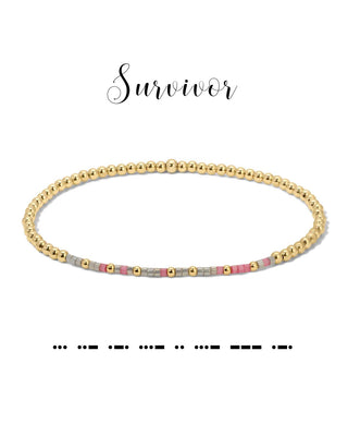 Gold beaded bracelet on a white background with 'Survivor' text above.