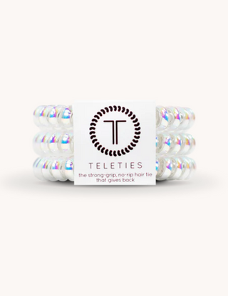 Set of Teleties hair ties with brand logo on a white background