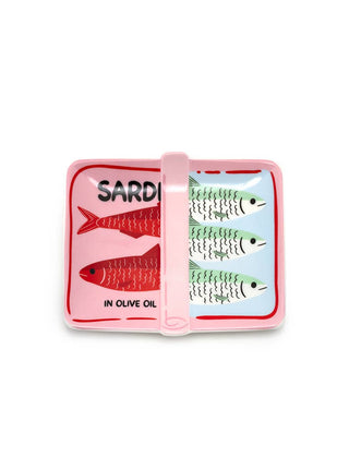 Pink container with images of sardines on a white background