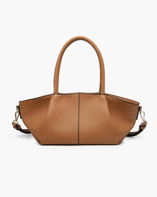 Brown handbag with a geometric design on a white background