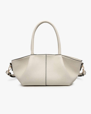Beige handbag with a unique geometric design on a white background