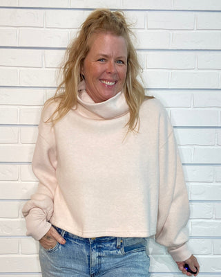 Vintage Havana cropped Hacci Cowl Neck Sweater in heather pale pink.