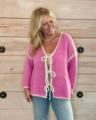 Pink Oversized Long Sleeve Cardigan with White Tie Front