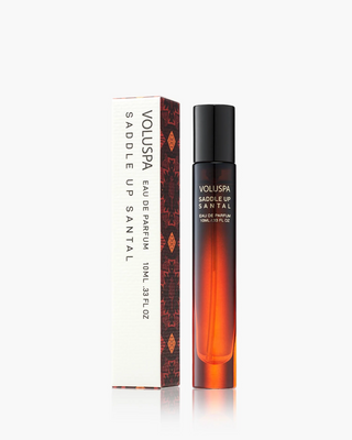 Voluspa Saddle Up Santal eau de parfum bottle and packaging on a white background