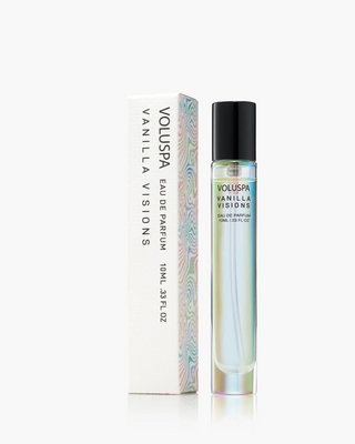 Voluspa Vanilla Visions eau de parfum bottle and packaging on a white background