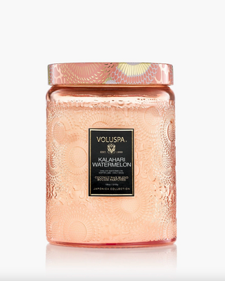 VOLUSPA candle jar with 'Kalahari Watermelon' flavor on a white background
