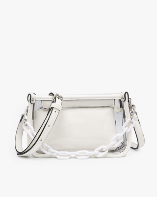 White handbag with black accents on a white background