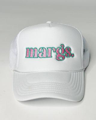 White Margs Pink & Teal Embroidered Trucker Hat