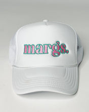 Load image into Gallery viewer, White Margs Pink &amp; Teal Embroidered Trucker Hat
