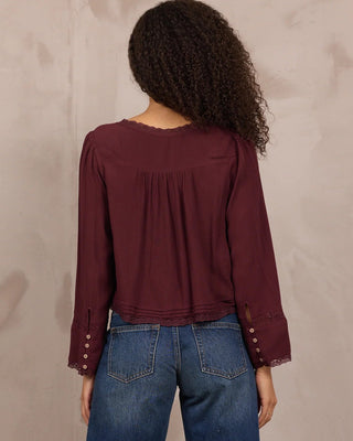 Vintage Havana wine blouse with lace detail, crinkle gauze, a flowy fit, button front,