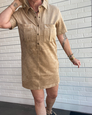 Z Supply Leone light sand faux suede mini dress with front pockets
