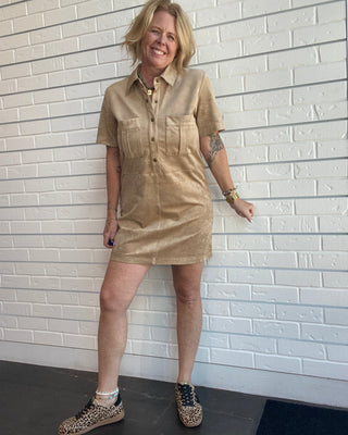 Z Supply Leone light sand faux suede mini dress with front pockets
